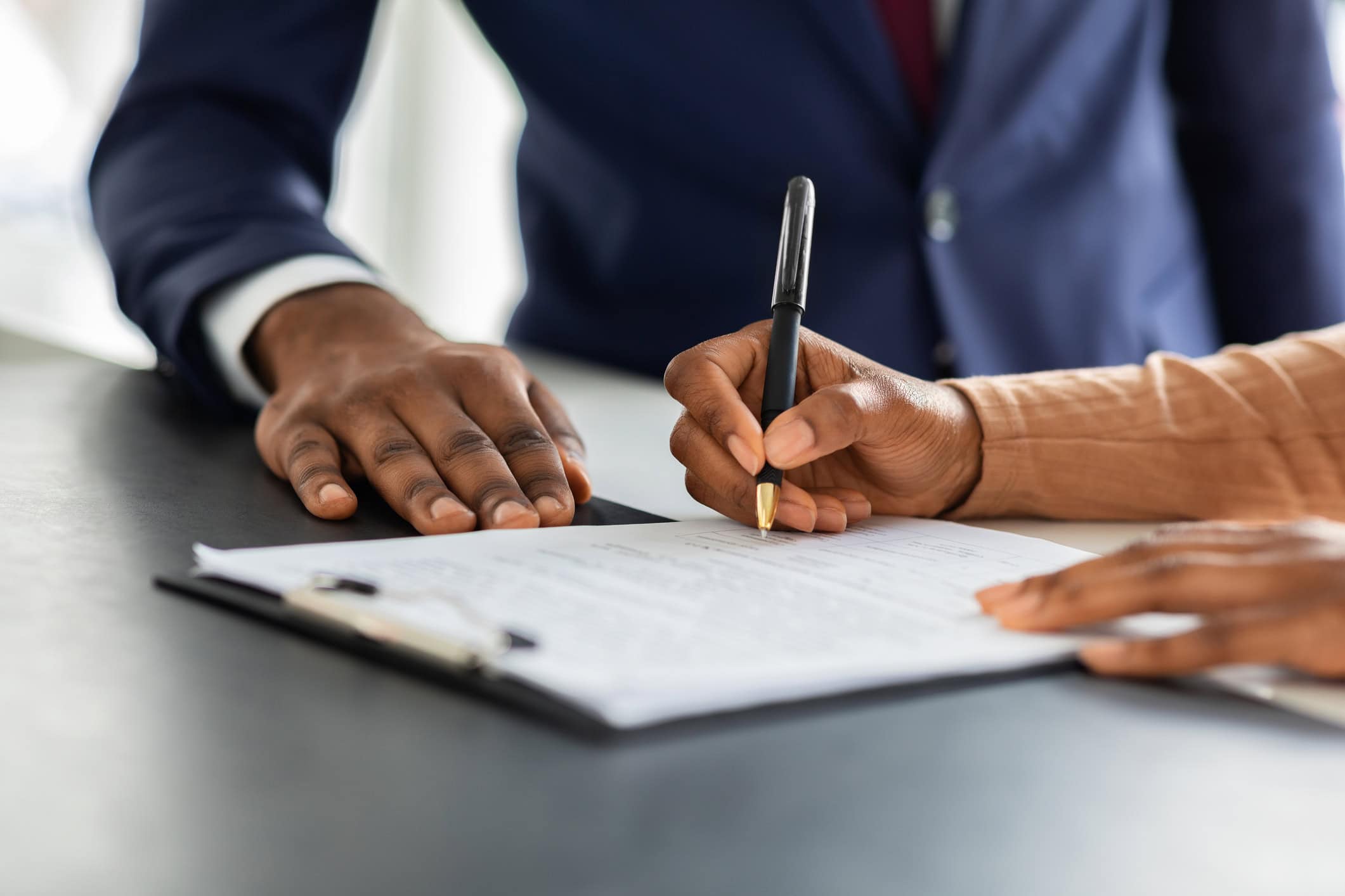 Contract Signing. Female Customer Sign Papers In Dealership Office, Unrecognizable African American Woman Client Buying New Car Or Purchasing Property, Closeup Shot, Cropped Image With Free Space